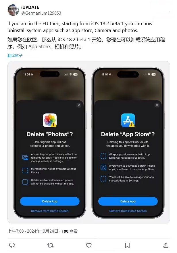 十月田镇苹果手机维修分享iOS 18.2 支持删除 App Store 应用商店 