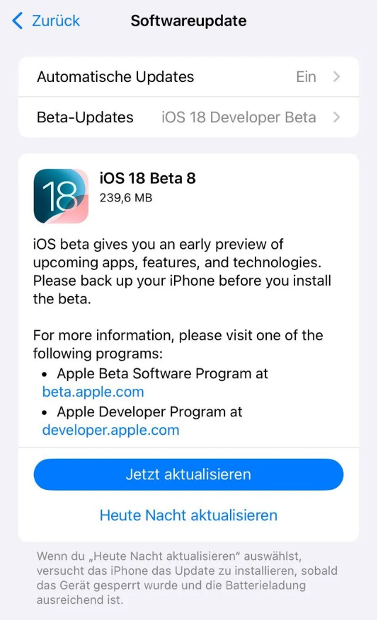 十月田镇苹果手机维修分享苹果 iOS / iPadOS 18 开发者预览版 Beta 8 发布 